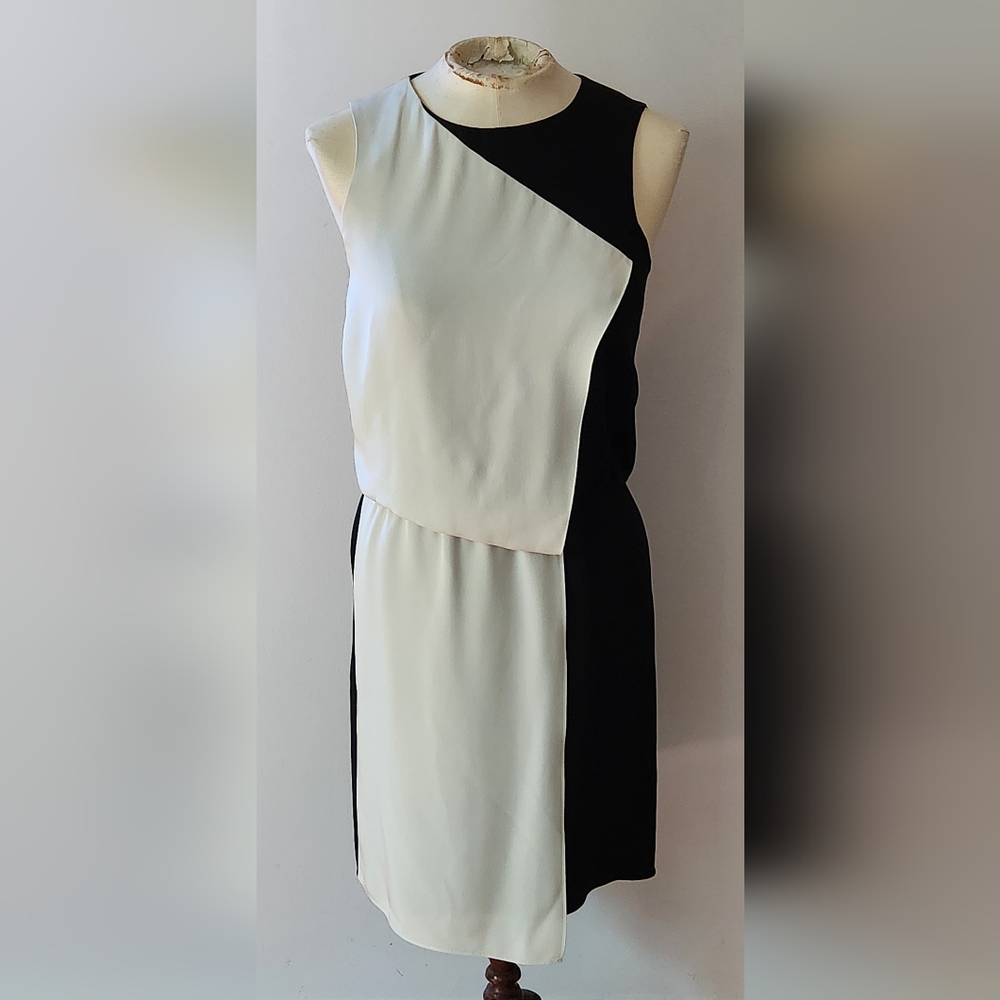 Tibi Black-and-White Color Block Sleeveless Silk Dress with Elastic Waist - SZ 0